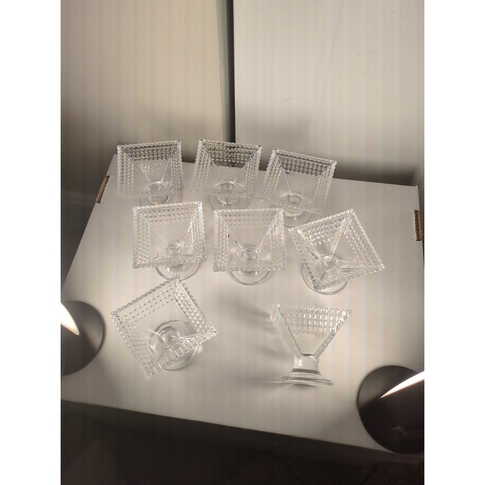 Set‎ of 8 Crystal Clear Square Pyramid Shaped Footed SHERBERT DISH 3"SQ x 2.5"H